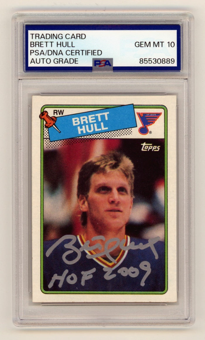 Brett Hull 1988-89 Topps 66 Signed Rookie RC w/ HOF 2009 Inscription PSA 10 Auto-Powers Sports Memorabilia