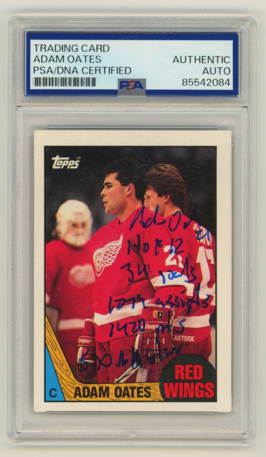 Adam Oates 1987-88 Topps #123 Signed Rookie RC w/ 5 Insc. PSA Authentic Auto HOF-Powers Sports Memorabilia