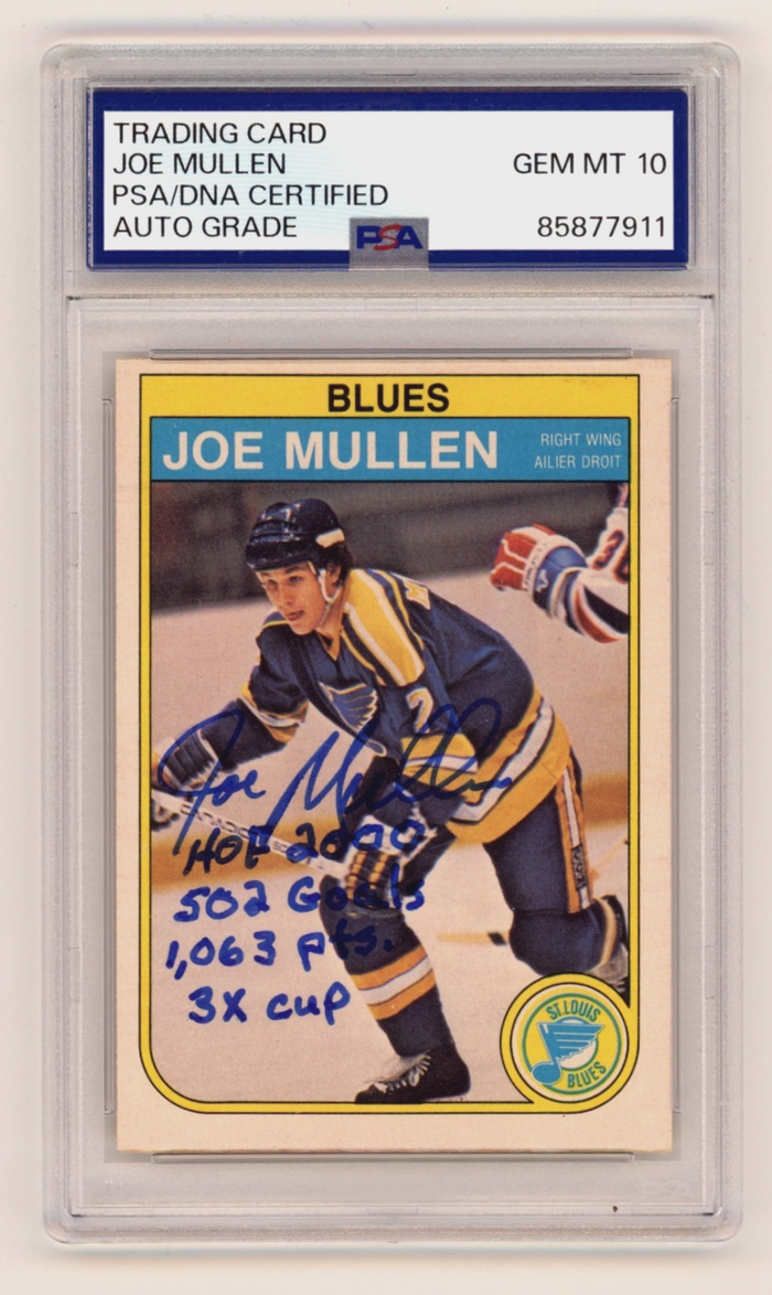 Joe Mullen 1982-83 O-Pee-Chee #307 Signed Rookie RC w/ 4 Insc. PSA 10 Auto Blues-Powers Sports Memorabilia