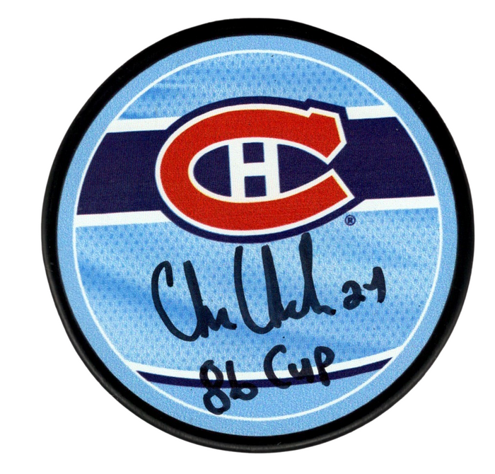 Chris Chelios Signed Canadiens Reverse Retro Puck w/ 86 Cup Beckett W Beckett Authenticated-Powers Sports Memorabilia