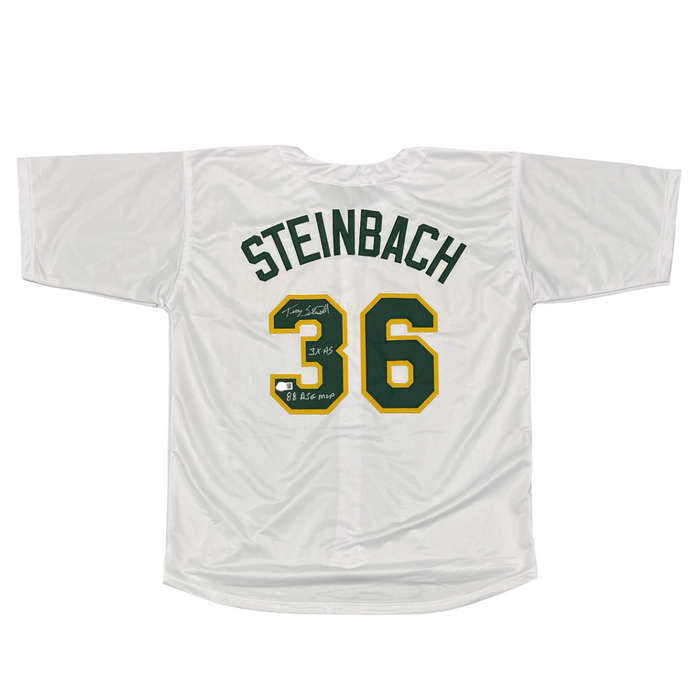 Terry Steinbach Signed Athletics Custom Jersey w/ 2 Ins Beckett Wit BAS COA-Powers Sports Memorabilia