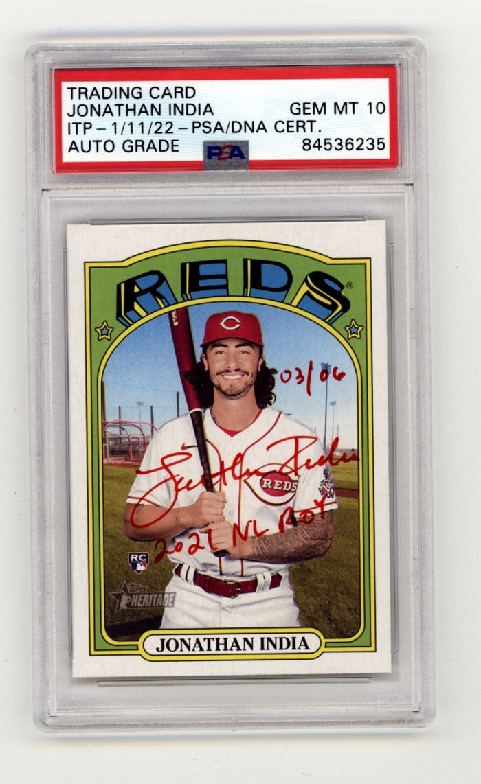 Jonathan India 2021 Topps Heritage High Number RC Red ROY #/6 Signed PSA 10 Auto-Powers Sports Memorabilia