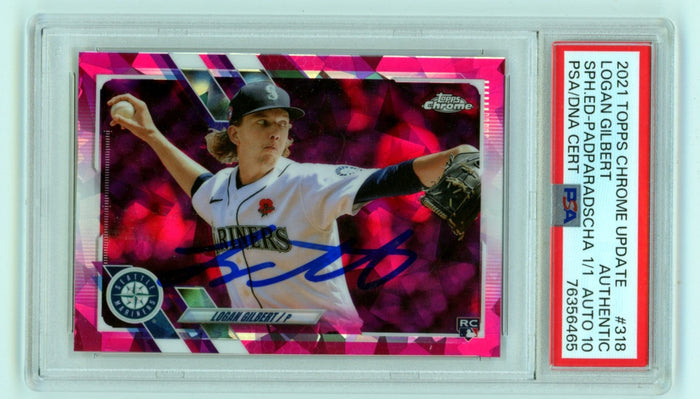 Logan Gilbert 2021 Topps Chrome Sapphire Padparadscha Signed RC #1/1 PSA 10 Auto-Powers Sports Memorabilia