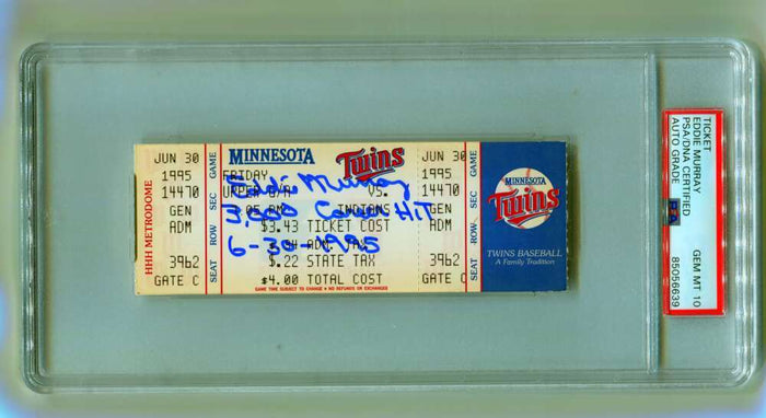 Eddie Murray Signed 3000th Hit Game Ticket 6/30/1995 w/ Inscription PSA 10 Auto-Powers Sports Memorabilia