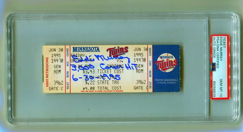 Eddie Murray Signed 3000th Hit Game Ticket 6/30/1995 w/ Inscription PSA 10 Auto-Powers Sports Memorabilia