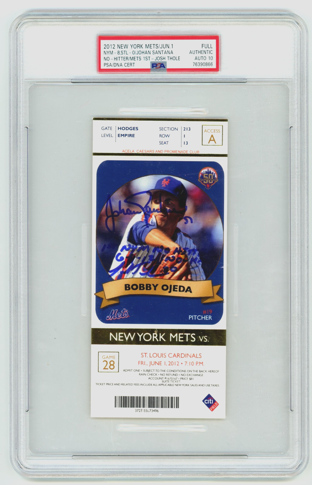 Johan Santana Josh Thole Signed Mets 1st No-Hitter Season Ticket Ins PSA 10 Auto-Powers Sports Memorabilia