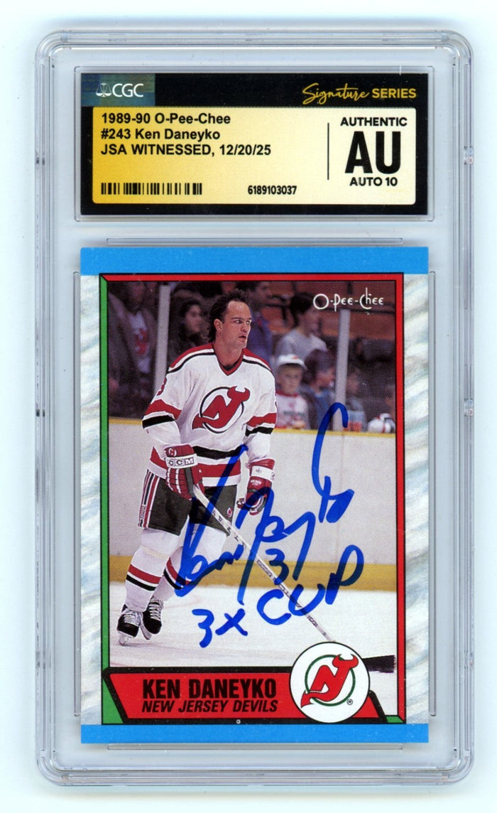 Ken Daneyko 1989-90 O-Pee-Chee OPC #243 w/ 3 Cup Signed JSA CGC 10 Auto-Powers Sports Memorabilia