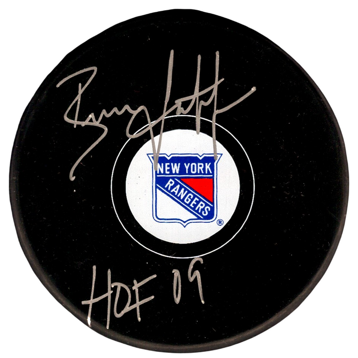 Brian Leetch Signed New York Rangers Puck w/ HOF 09 Beckett Witness Authenticated-Powers Sports Memorabilia