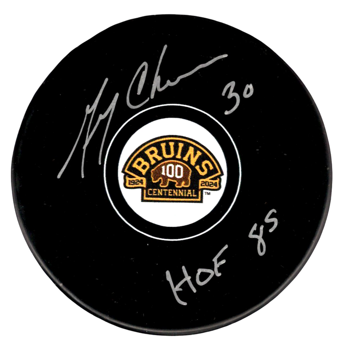Gerry Cheevers Signed Bruins 100th Centennial Puck w/ HOF 85 Beckett Witness Authenticated-Powers Sports Memorabilia