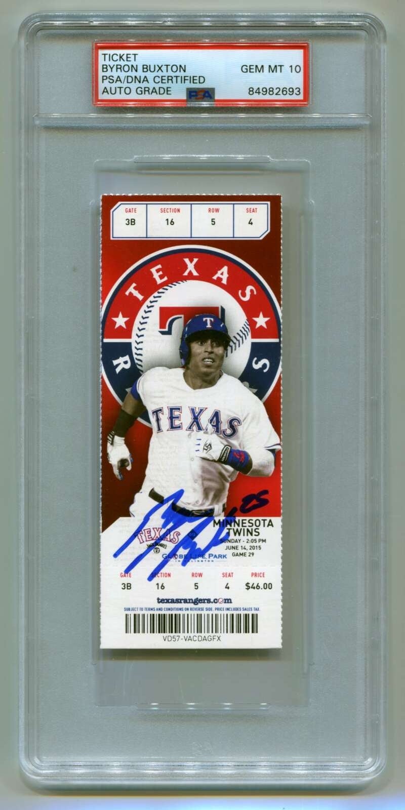 Byron Buxton Signed MLB Debut Game Ticket 6/14/15 PSA 10 Auto GEM MT Twins-Powers Sports Memorabilia