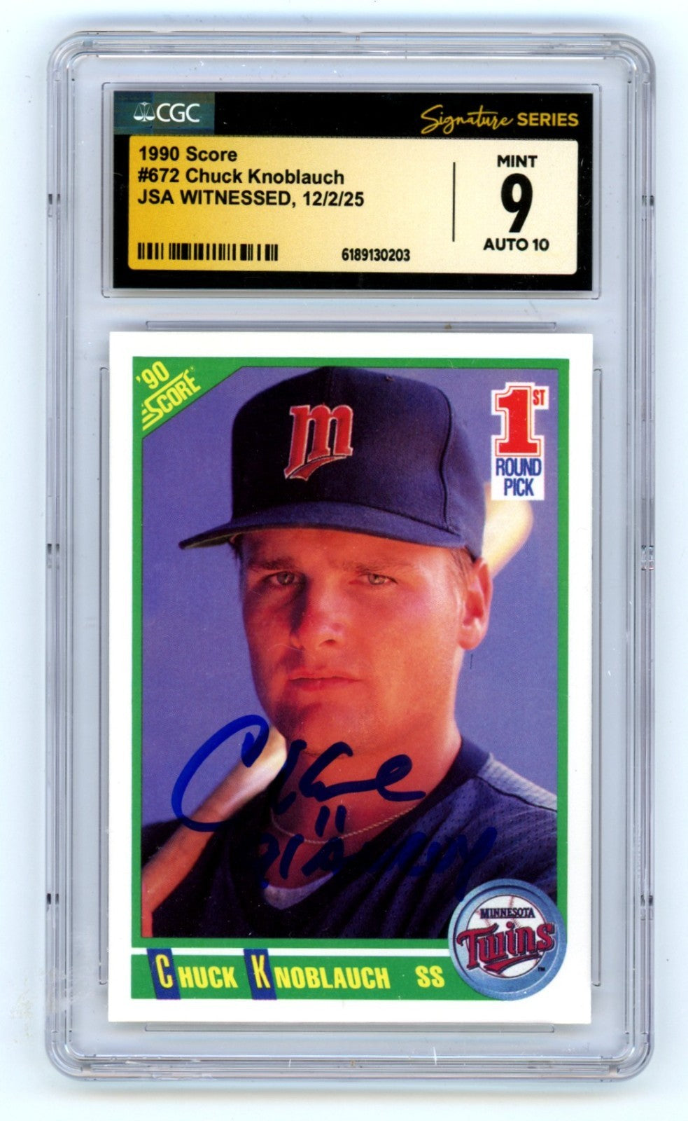 Chuck Knoblauch 1990 Score #672 Signed Rookie RC w/ 91 AL ROY JSA CGC 9 10 Auto-Powers Sports Memorabilia