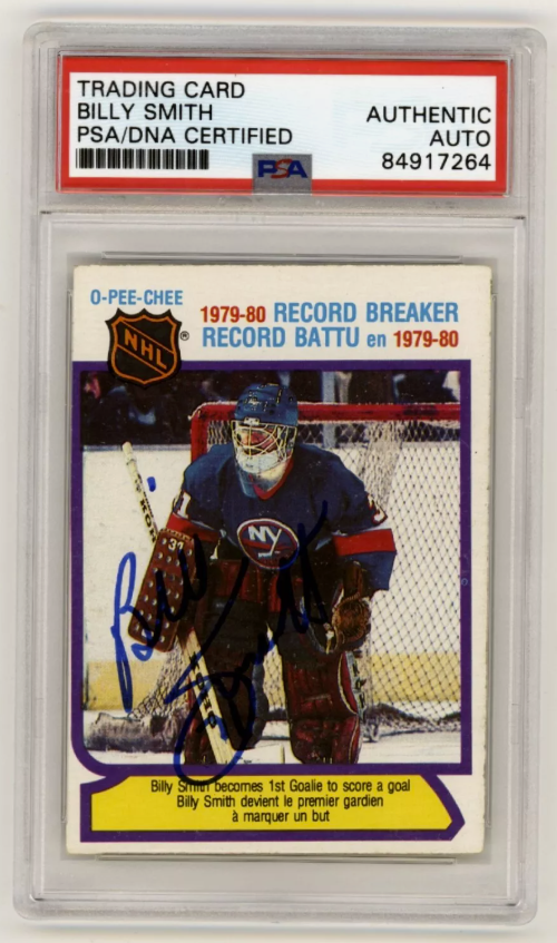 Billy Smith 1980-81 O-Pee-Chee OPC #5 Record Breaker Signed PSA Auth Auto Blue-Powers Sports Memorabilia