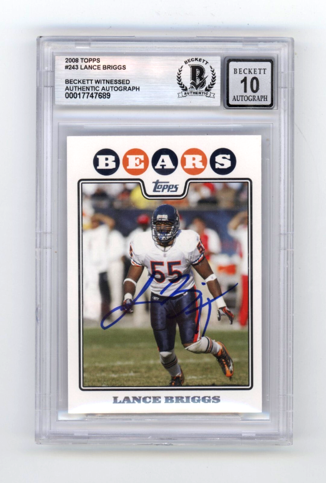 Lance Briggs 2008 Topps #243 Signed Beckett BGS 10 Auto Chicago Bears-Powers Sports Memorabilia