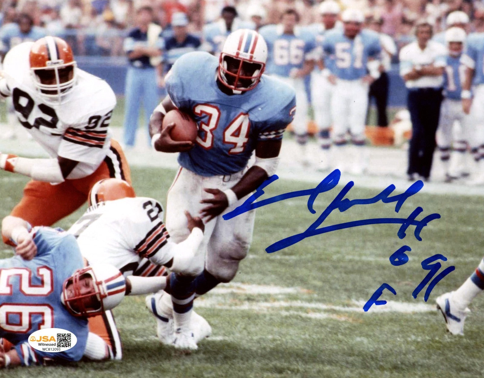 Earl Campbell Signed Houston Oilers 8x10 Photo w/ HOF 91 JSA Witness Authenticated #1-Powers Sports Memorabilia