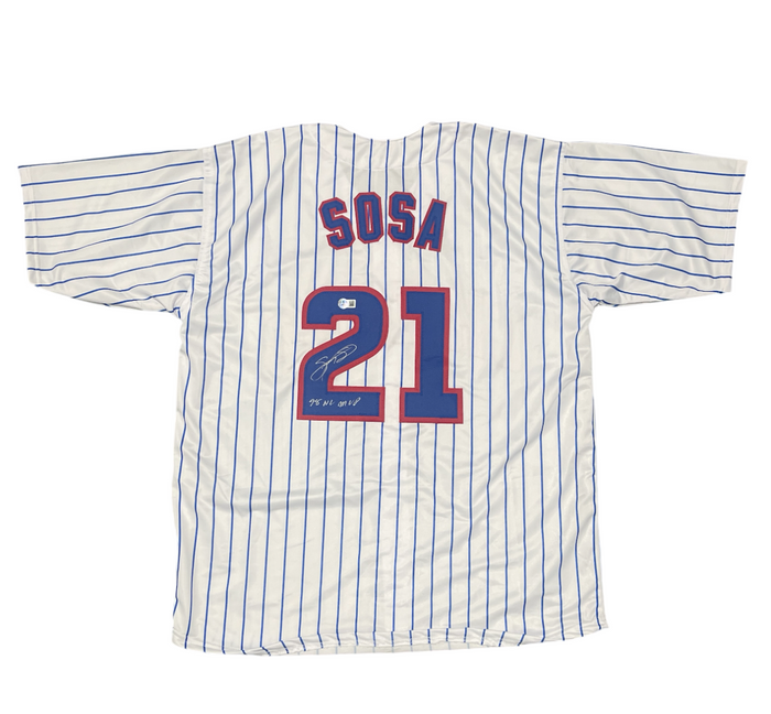 Sammy Sosa Signed Cubs Custom Jersey w/ 98 NL MVP Beckett Witness BAS COA-Powers Sports Memorabilia