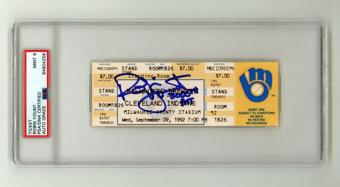 Robin Yount Signed 3000th Hit Game Ticket 9/9/1992 w/ 3000th Hit Insc PSA 9 Auto-Powers Sports Memorabilia