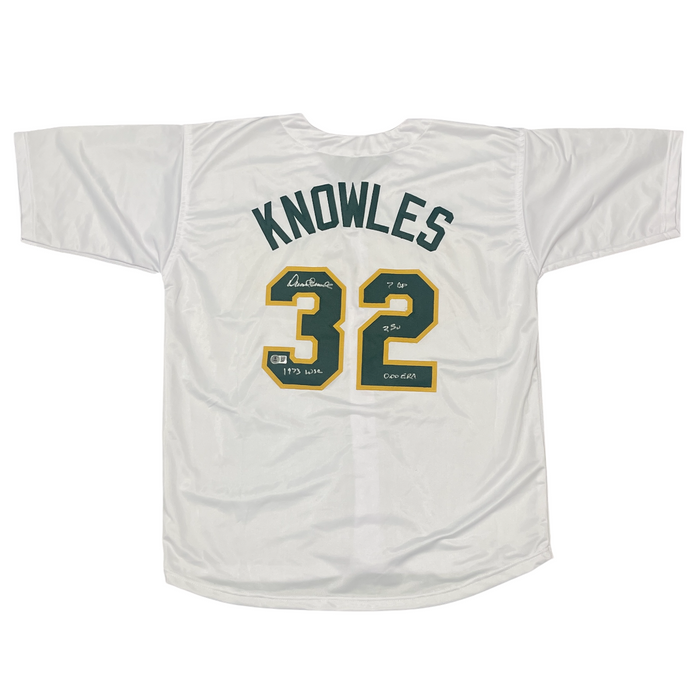 Darold Knowles Signed Athletics Custom Jersey w/ 1973 WS Ins Beckett Wit BAS COA-Powers Sports Memorabilia