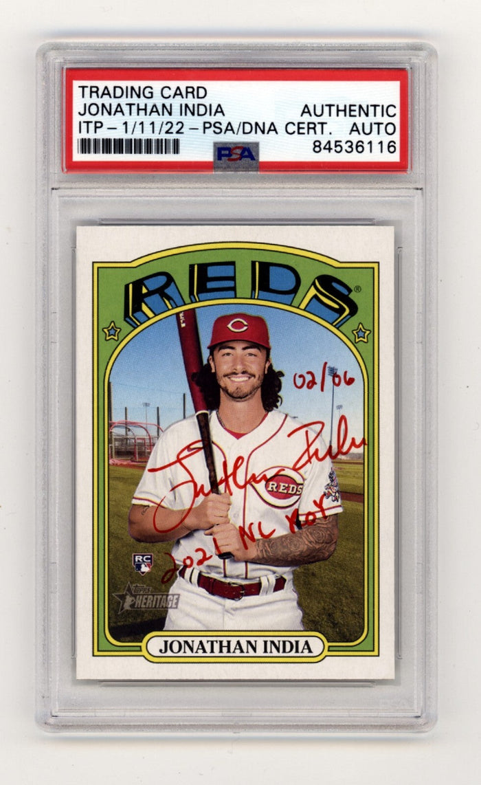 Jonathan India 2021 Topps Heritage High Number RC Red ROY #/6 Signed PSA Auto-Powers Sports Memorabilia