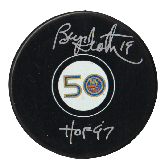 Bryan Trottier Signed Islanders 50th Ann Puck w/ HOF 97 Beckett Witness Authenticated-Powers Sports Memorabilia