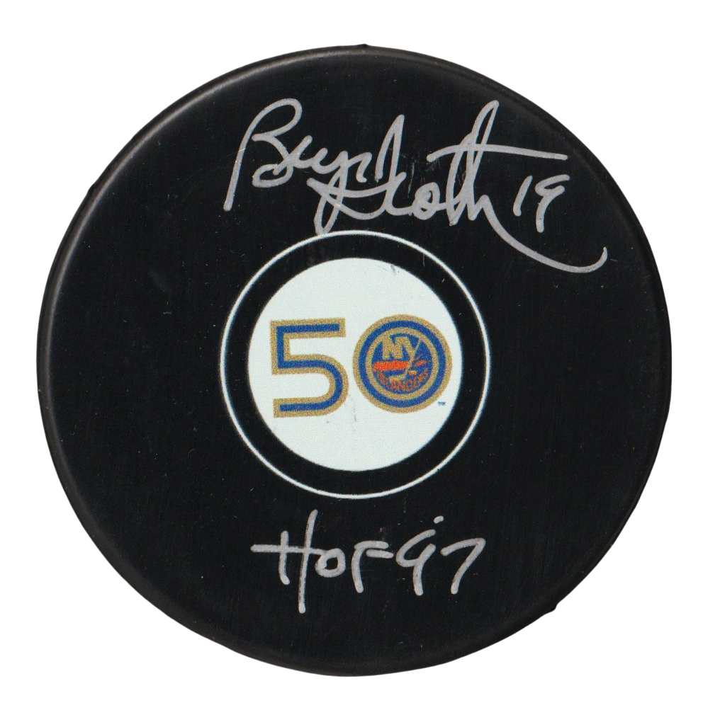 Bryan Trottier Signed Islanders 50th Ann Puck w/ HOF 97 Beckett Witness Authenticated-Powers Sports Memorabilia