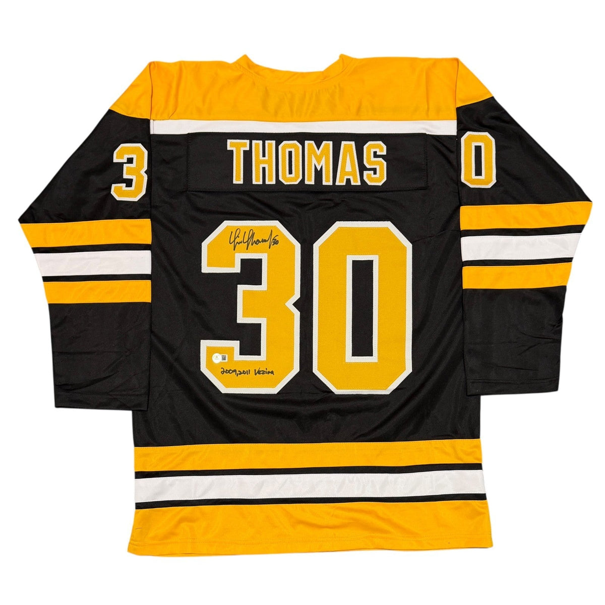Tim Thomas Signed Bruins Custom Jersey w/ 2009 2011 Vezina Beckett Wit BAS COA-Powers Sports Memorabilia