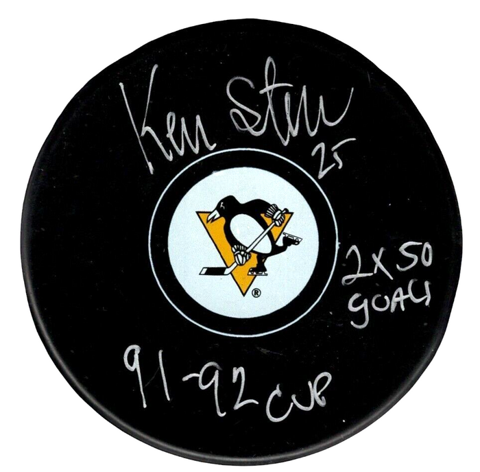 Kevin Stevens Signed Penguins Puck w/ 91-92 Cup 2x 50 Goal Beckett Witness Authenticated-Powers Sports Memorabilia