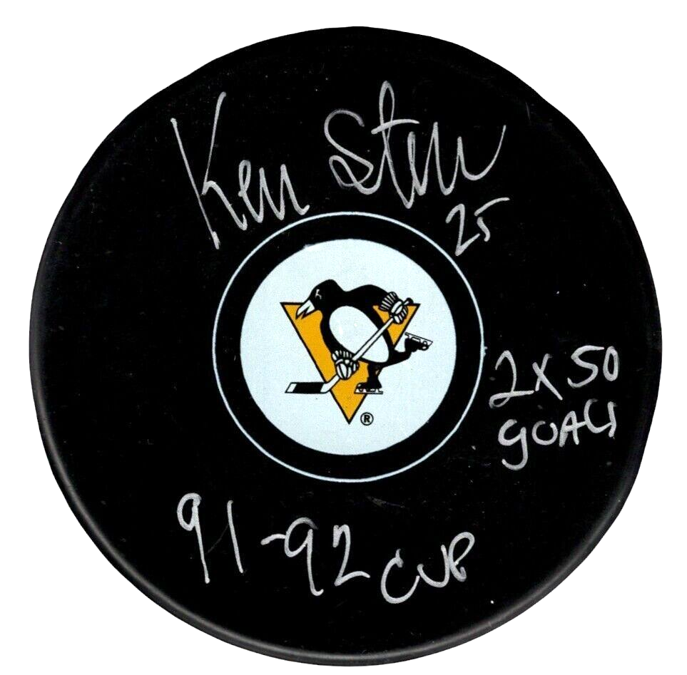 Kevin Stevens Signed Penguins Puck w/ 91-92 Cup 2x 50 Goal Beckett Witness Authenticated-Powers Sports Memorabilia