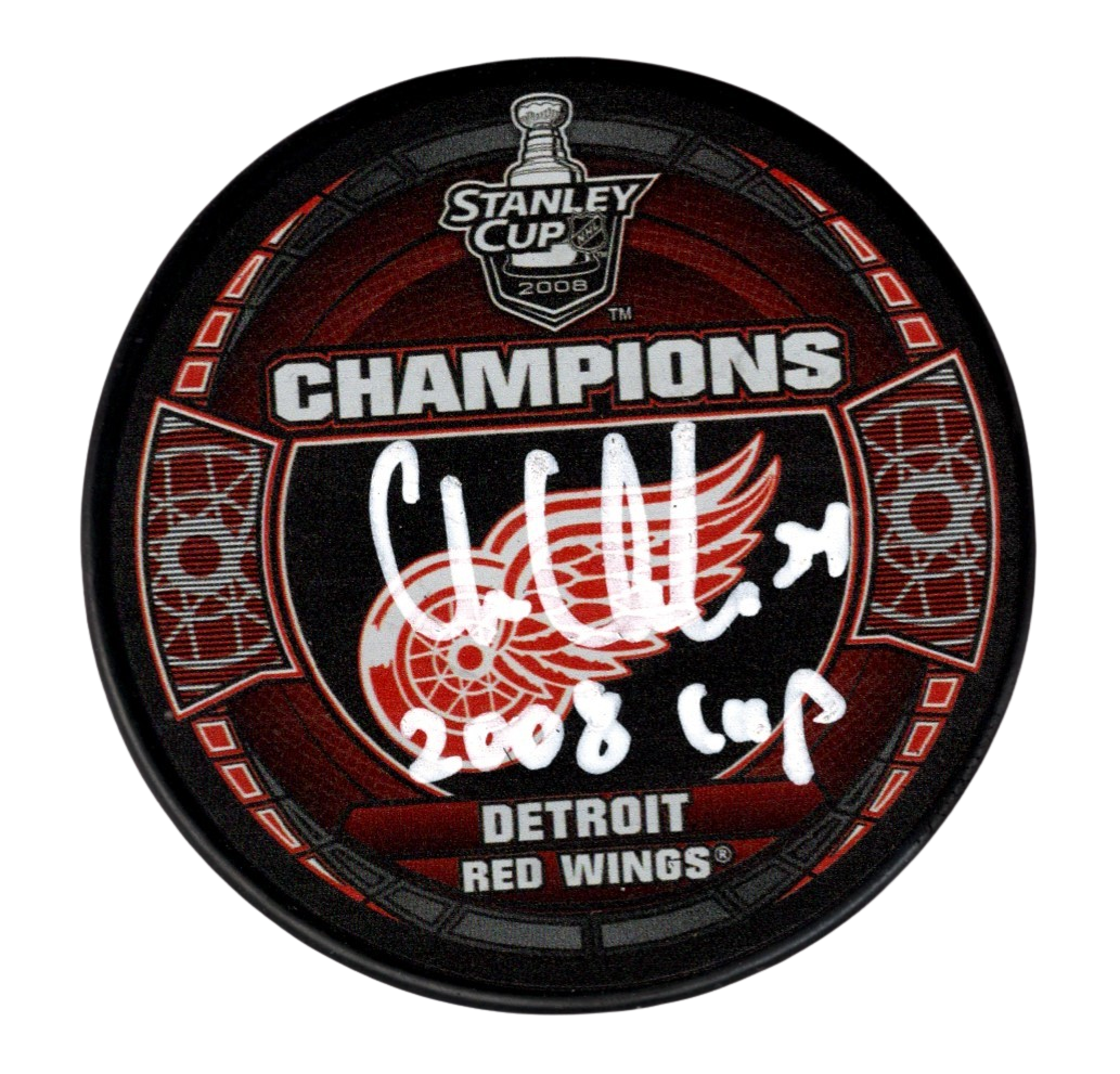 Chris Chelios Signed Auto 2008 Stanley Cup Puck w/ 2008 Cup Beckett BAS COA-Powers Sports Memorabilia