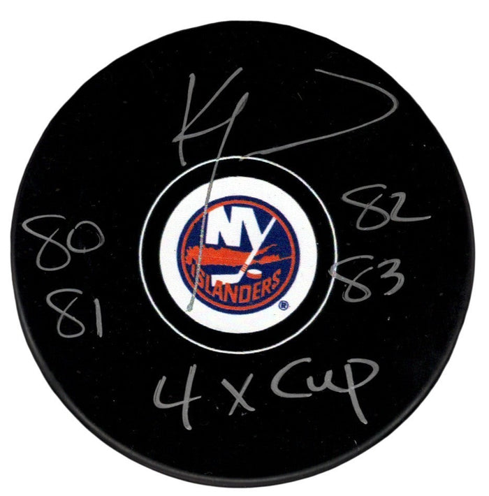 Ken Morrow Signed Islanders Puck w/ 80 81 82 83 4x Cup Beckett Witness Authenticated-Powers Sports Memorabilia