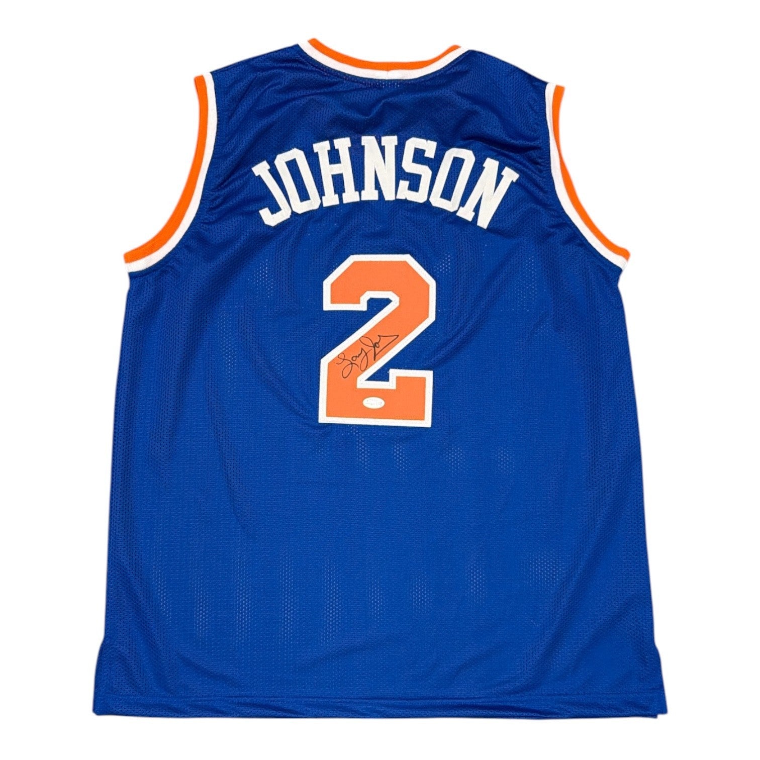 Larry Johnson Signed Custom Jersey JSA Witness Authenticated - Blue Jersey-Powers Sports Memorabilia
