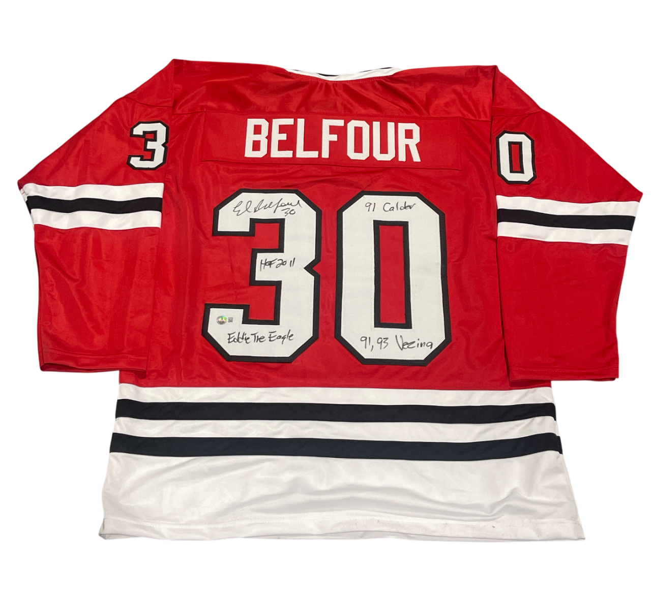 Ed Belfour Signed Custom Jersey w/ 4 Insc Beckett Witness Authenticated-Powers Sports Memorabilia