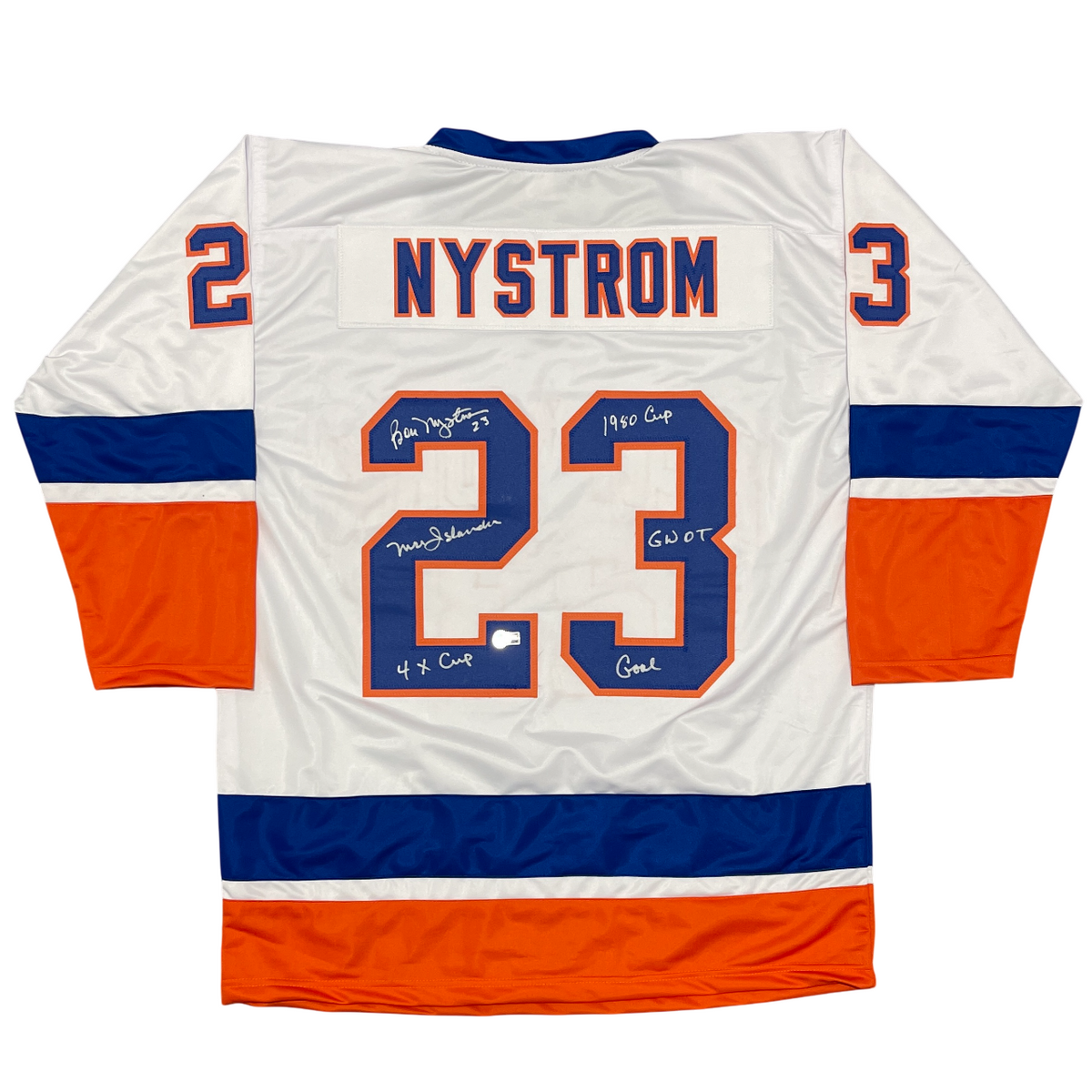 Bob Nystrom Signed Islanders Custom Jersey w/ Inscs Beckett Witness BAS COA-Powers Sports Memorabilia