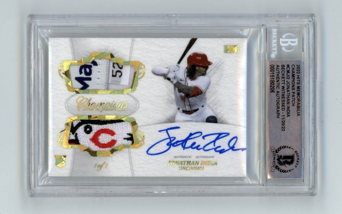 Jonathan India 2021 Hits Memorabilia Champions Gold Patch Dual Auto #1/1 RC BGS-Powers Sports Memorabilia
