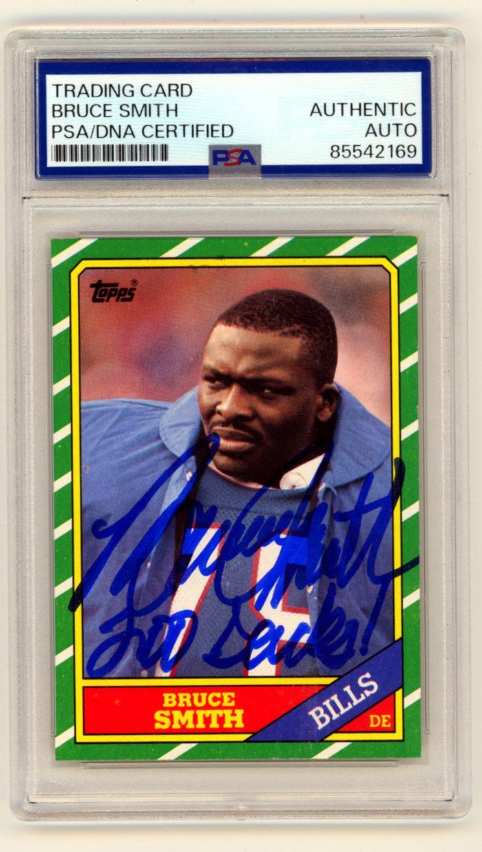 Bruce Smith 1986 Topps #389 Signed Rookie RC w/ 200 Sacks Ins PSA/DNA Authenticated-Powers Sports Memorabilia
