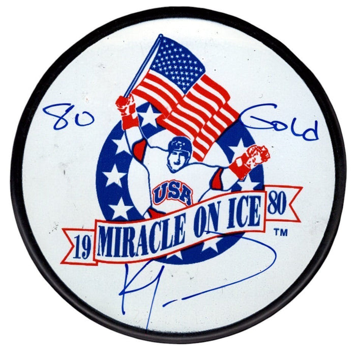 Ken Morrow Signed USA 1980 Miracle on Ice Puck w/ 80 Gold Beckett Witness Authenticated-Powers Sports Memorabilia