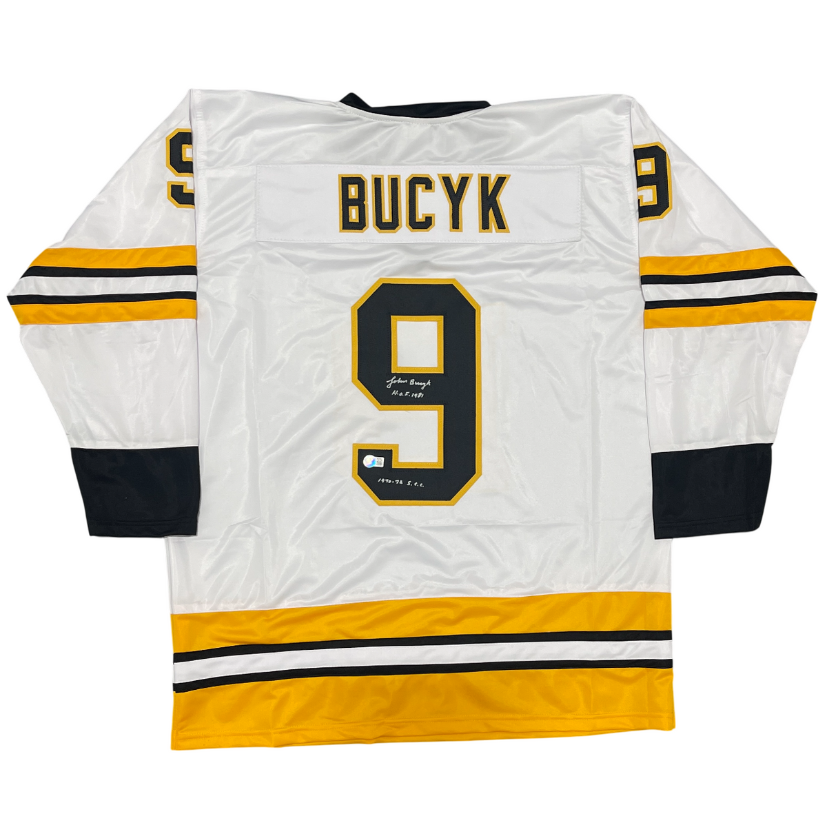 Johnny Bucyk Signed Bruins Custom Jersey HOF 1981 + SCC Beckett W BAS COA-Powers Sports Memorabilia