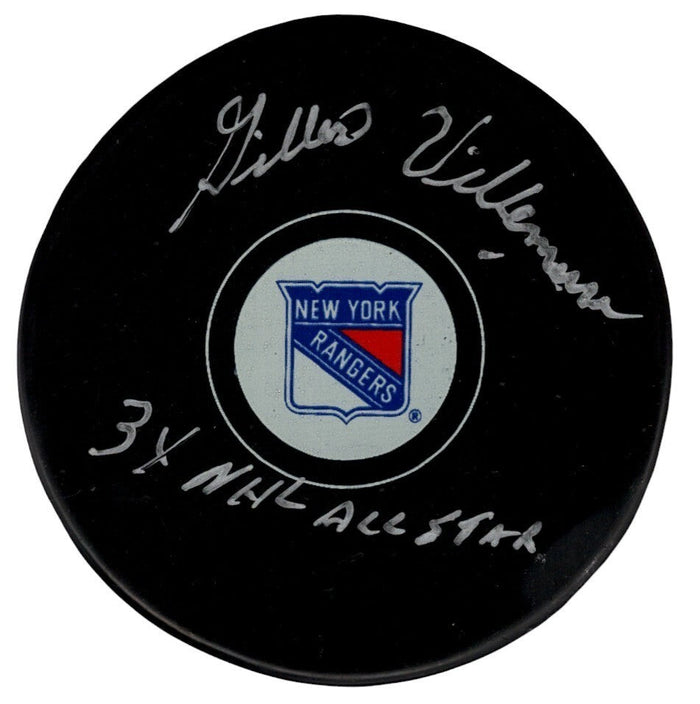 Gilles Villemure Signed New York Rangers Logo Puck w/ 3x NHL All Star PSA Authenticated-Powers Sports Memorabilia