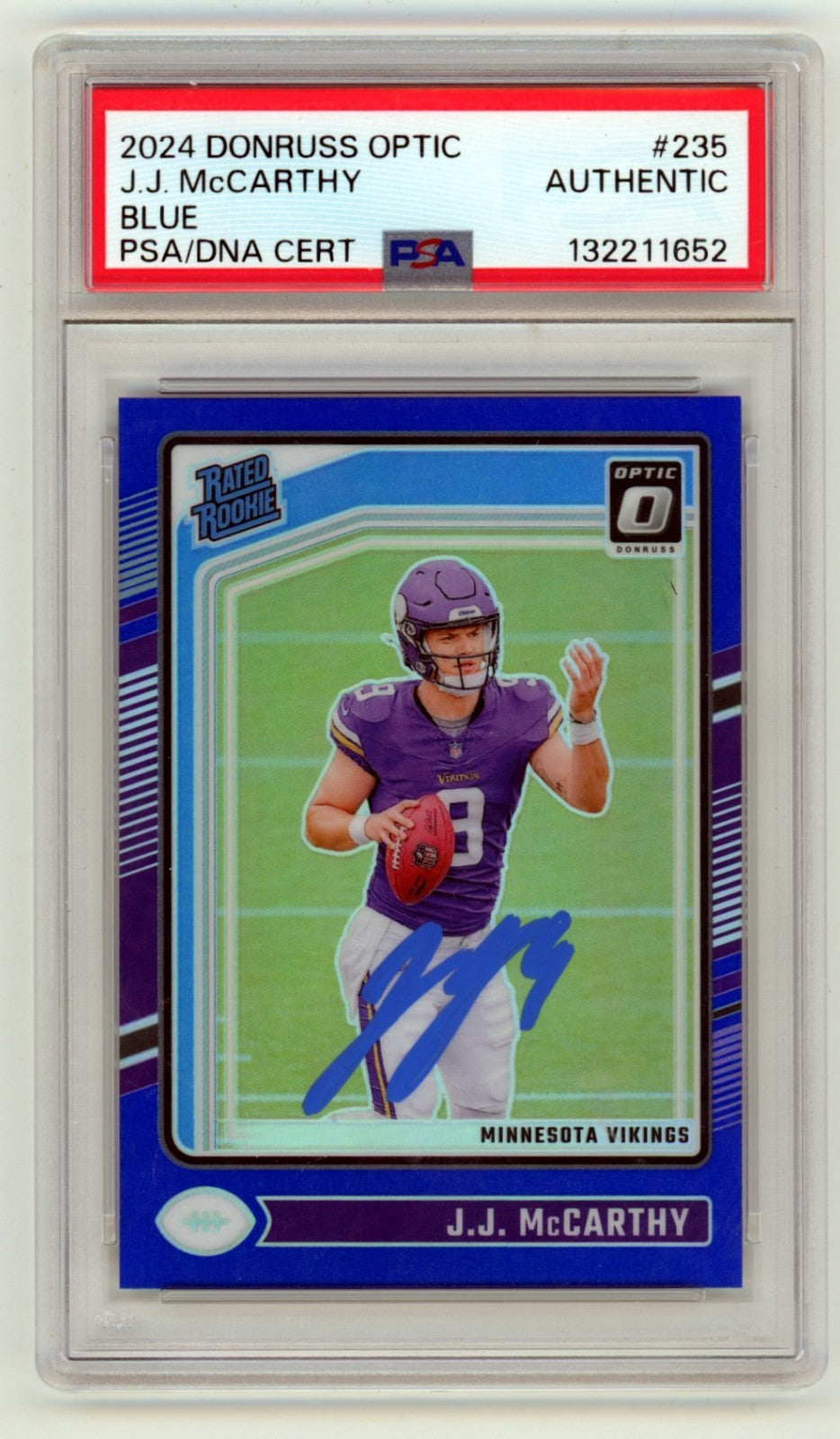 J.J. McCarthy 2024 Donruss Optic Blue Prizm Signed Rated Rookie RC /199 PSA Auto-Powers Sports Memorabilia