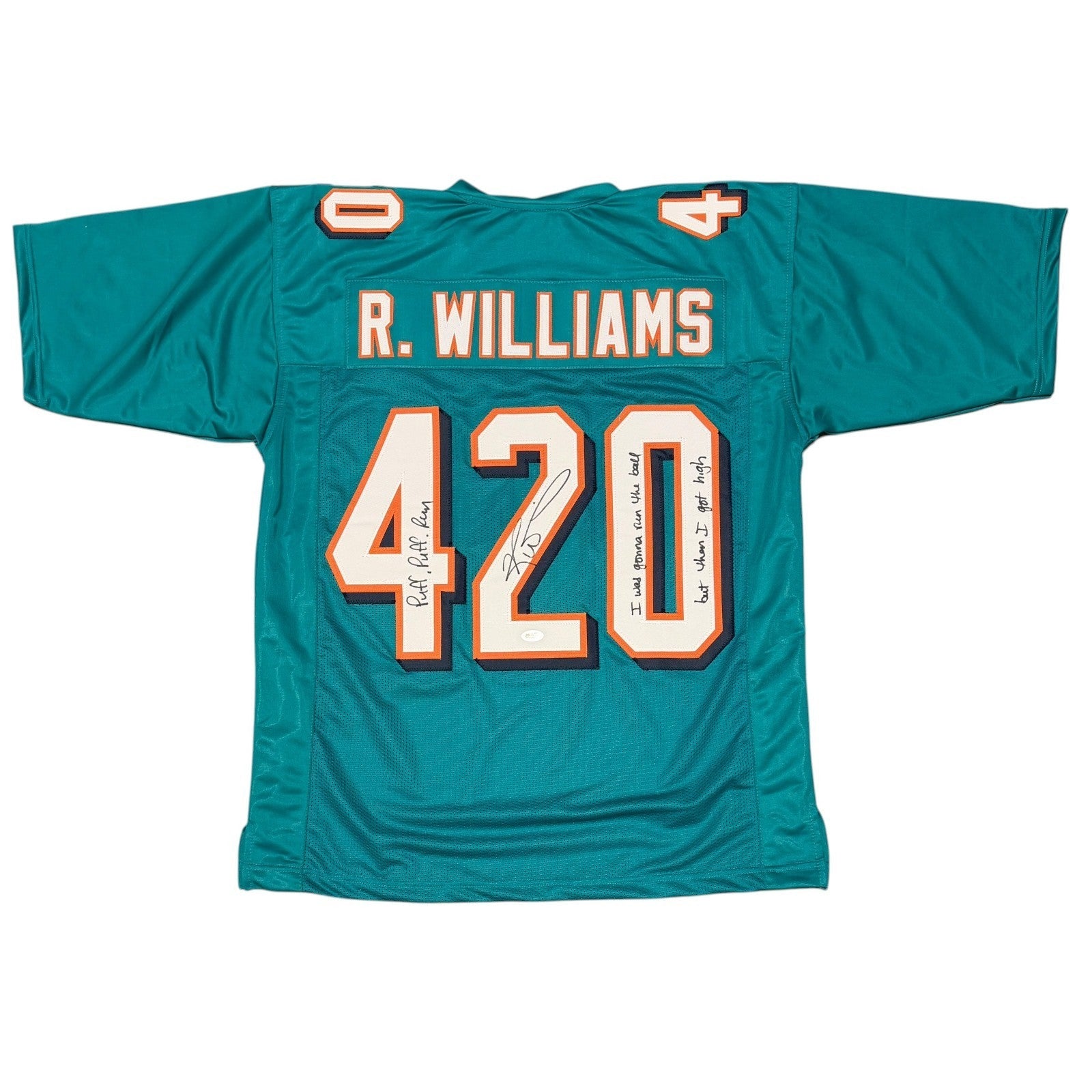 Ricky Williams Signed Dolphins 420 Custom Jersey w/ Weed Inscs JSA Witness Authenticated-Powers Sports Memorabilia