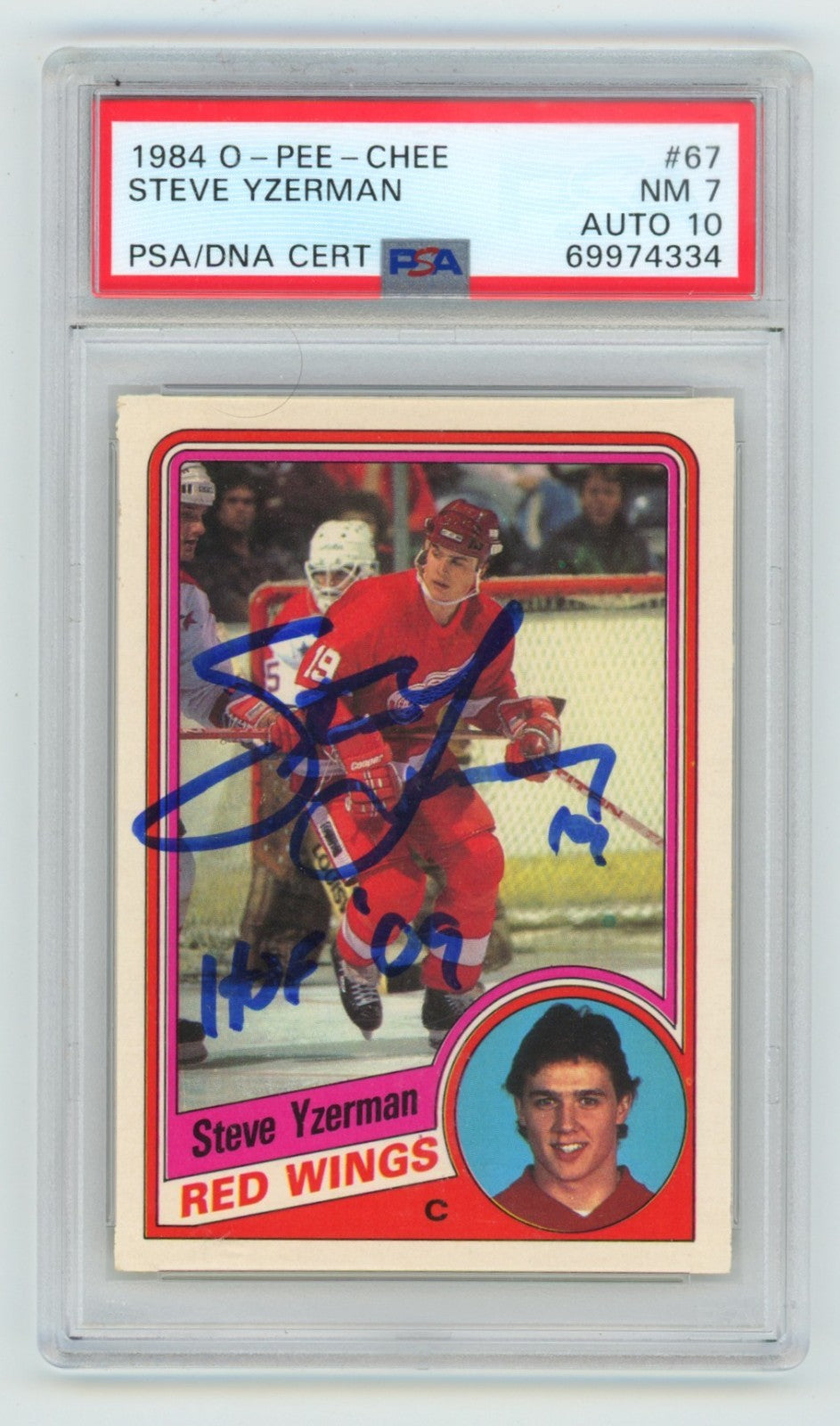 Steve Yzerman 1984 O-Pee-Chee #67 Signed Rookie RC w/ HOF '09 Ins. PSA 7 10 Auto-Powers Sports Memorabilia