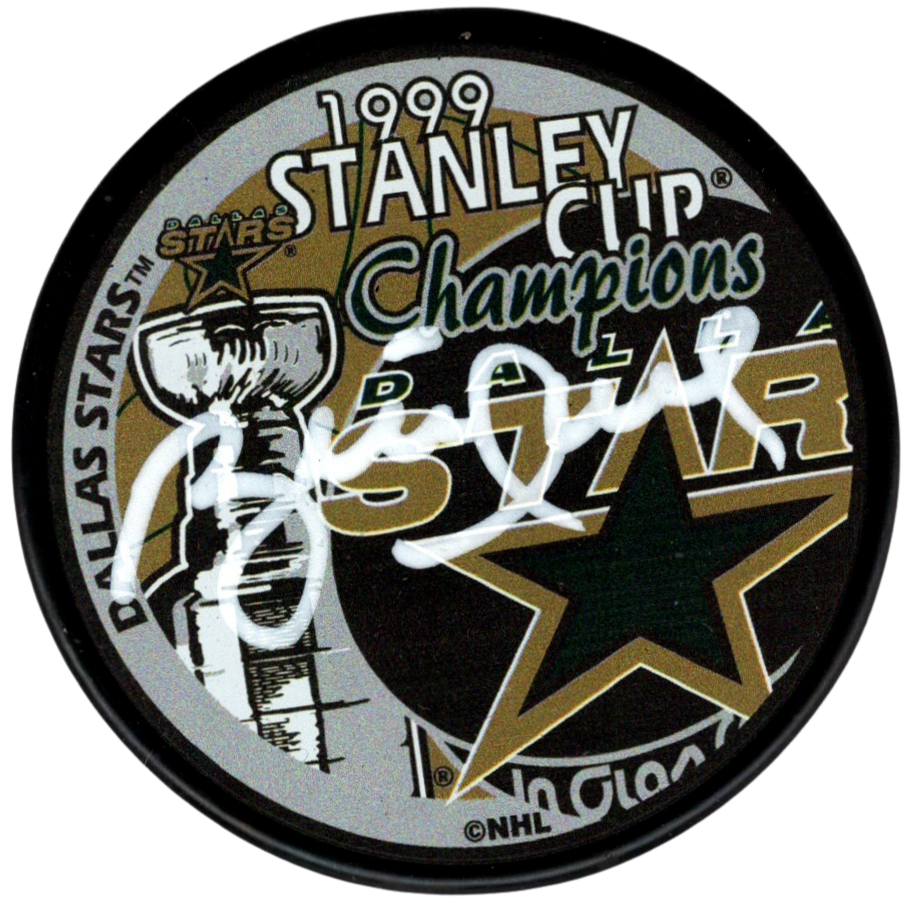 Brett Hull Signed 1999 Stanley Cup Dallas Stars Puck Beckett Witness Authenticated-Powers Sports Memorabilia