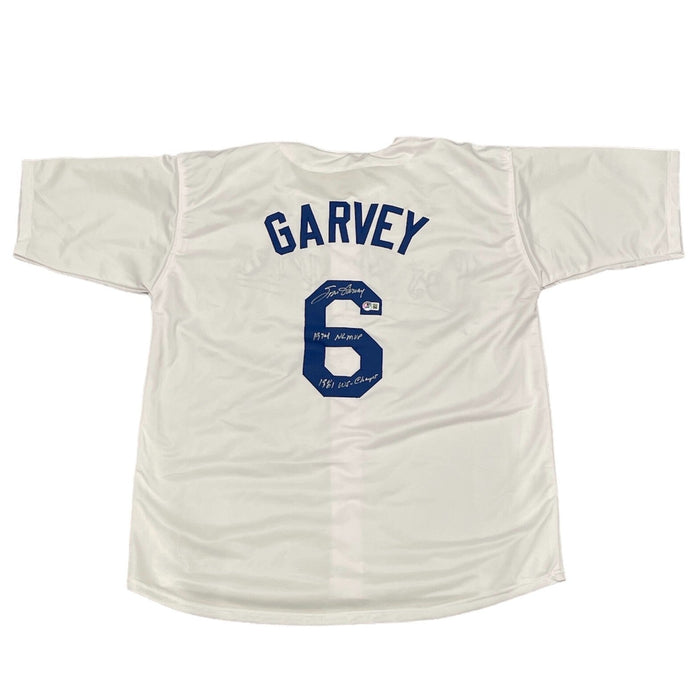 Steve Garvey Signed LA Dodgers Custom Jersey w/ 2 Ins MVP WS Beckett Wit BAS COA-Powers Sports Memorabilia