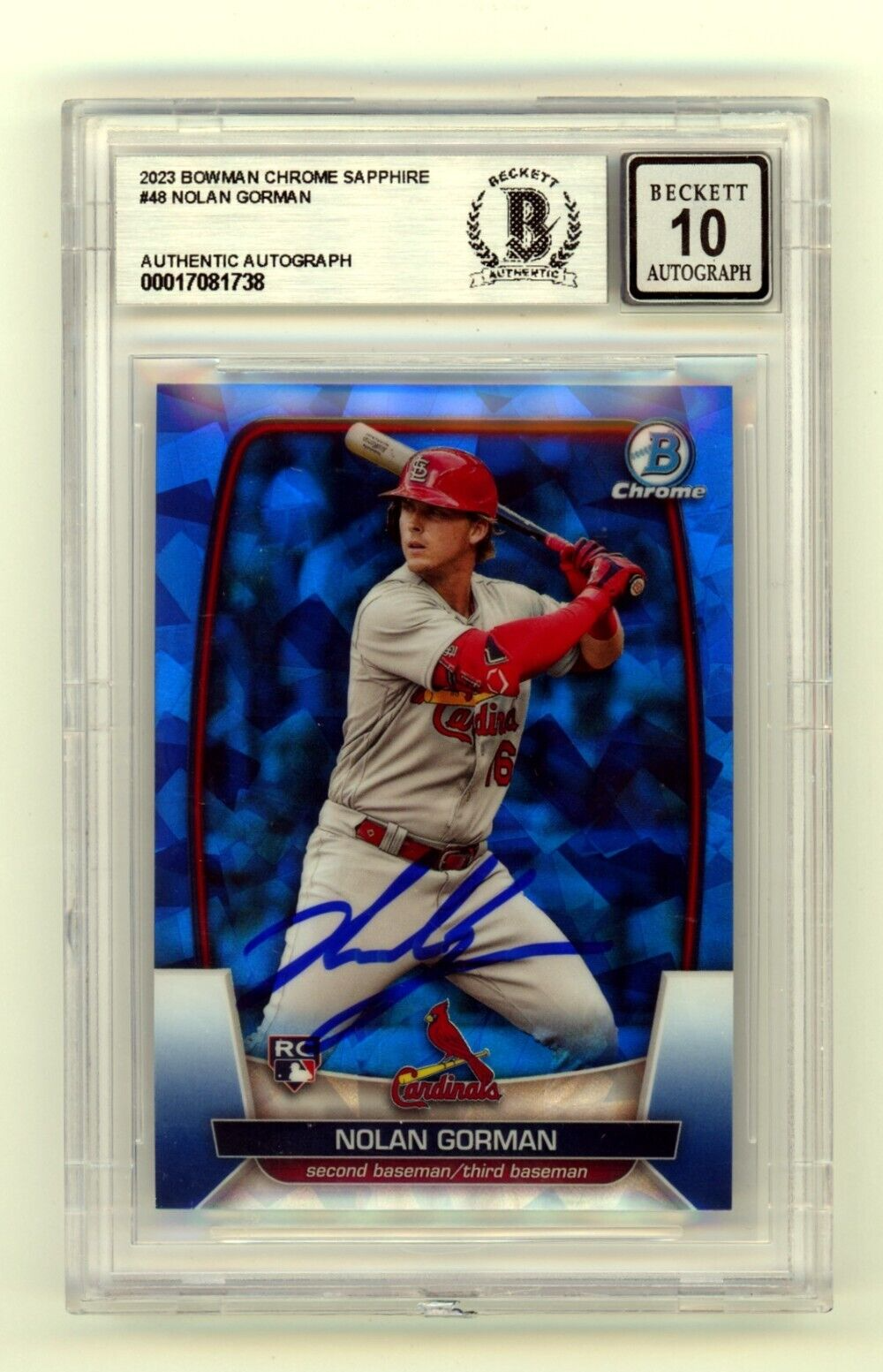 Nolan Gorman 2023 Bowman Chrome Sapphire #48 Rookie RC Signed BAS BGS 10 Auto-Powers Sports Memorabilia