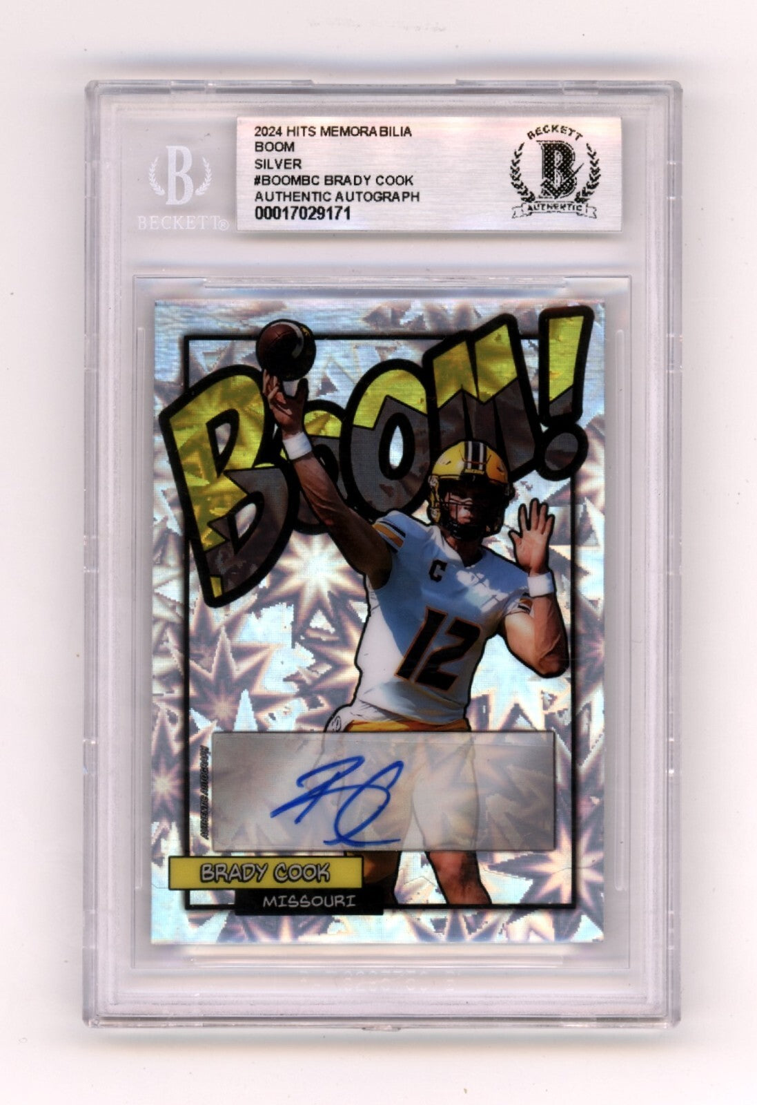 Brady Cook 2024 Hits Memorabilia BOOM Silver #/12 Signed BGS BAS Auto Missouri-Powers Sports Memorabilia