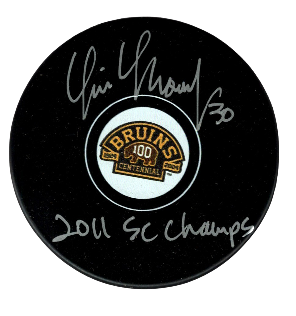 Tim Thomas Signed Auto Bruins 100th Anniversary Puck w 2011 SC Beckett W BAS COA-Powers Sports Memorabilia