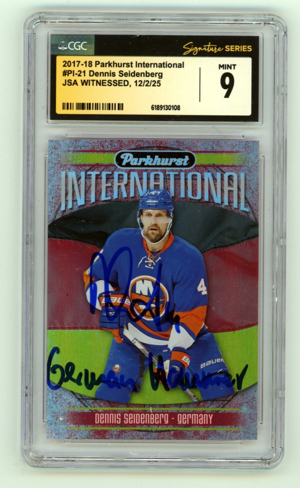 Dennis Seidenberg 2017-18 Parkhurst International Signed w/ Insc. Auto JSA CGC 9-Powers Sports Memorabilia
