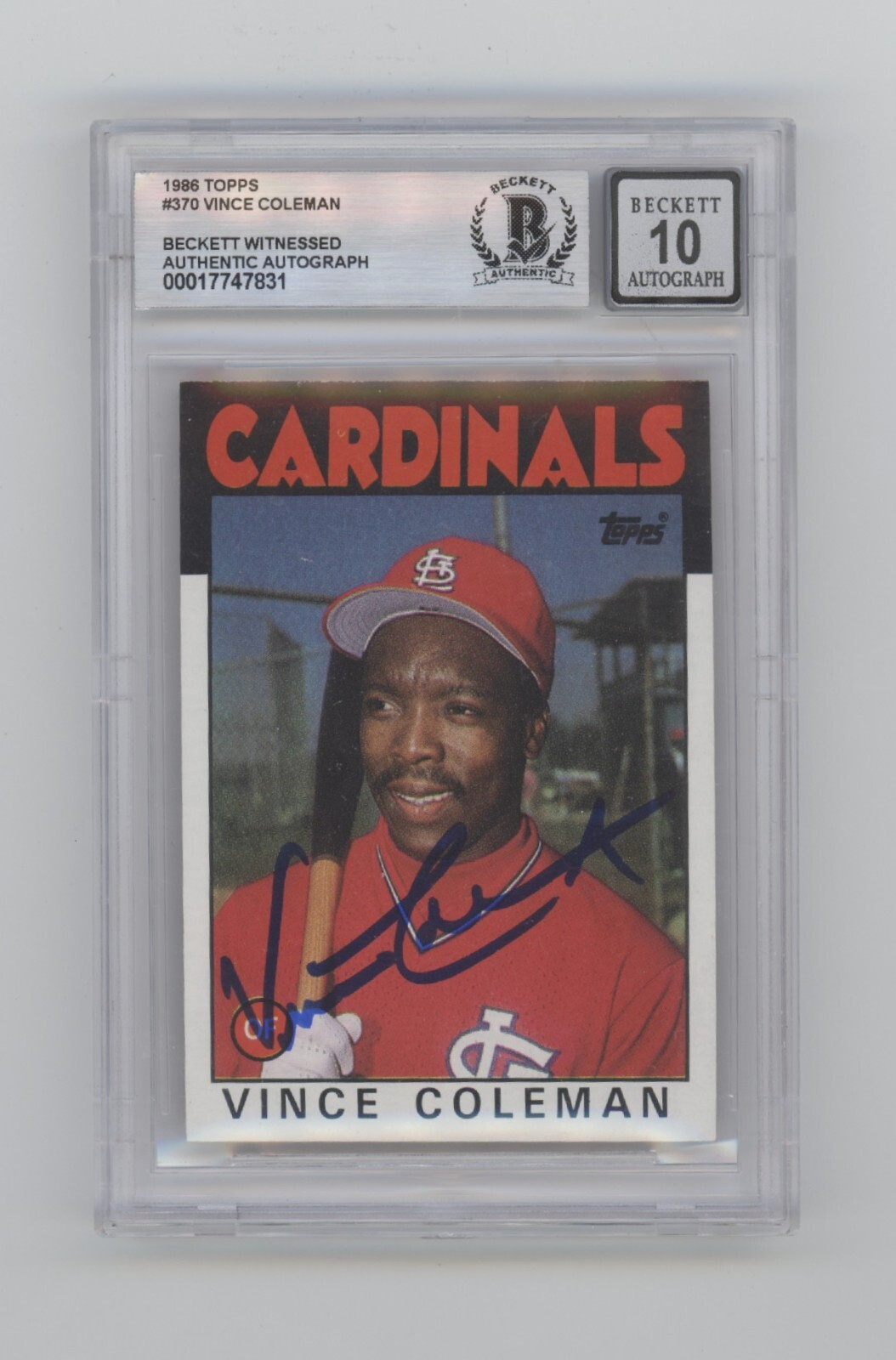 Vince Coleman 1986 Topps #370 RC Signed Beckett BGS 10 Auto St. Louis Cardinals-Powers Sports Memorabilia