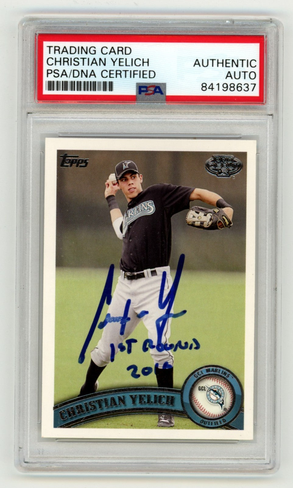 Christian Yelich 2011 Topps Pro Debut Signed Auto RC w/ 2010 1st Round PSA Auto-Powers Sports Memorabilia