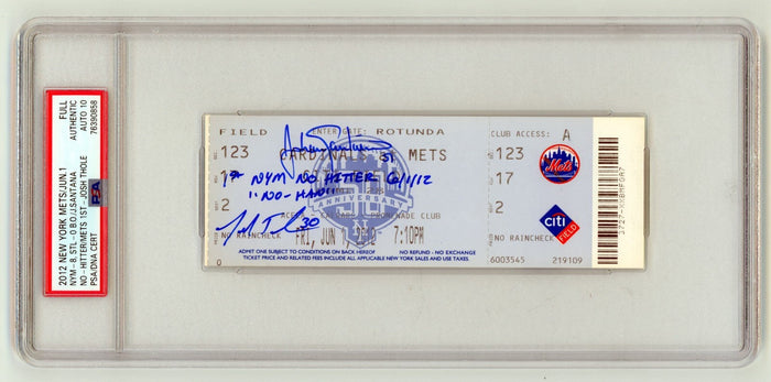 Johan Santana Josh Thole Signed Mets 1st No-Hitter Ticket w/ 2 Insc. PSA 10 Auto-Powers Sports Memorabilia