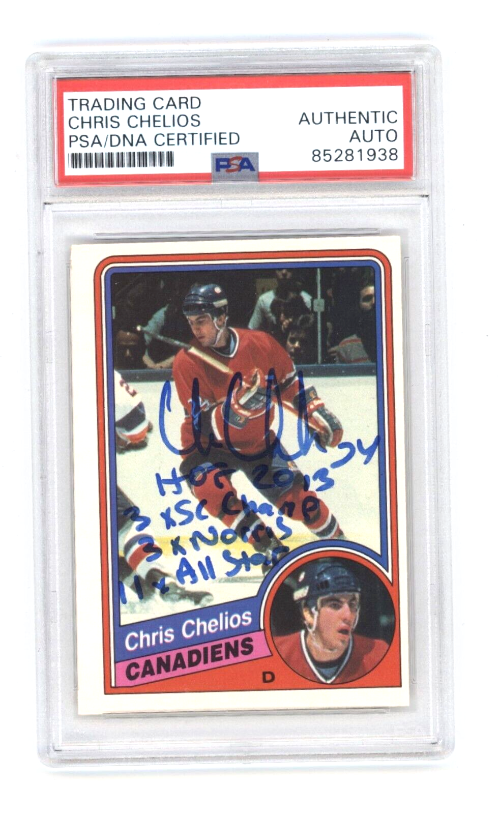 Chris Chelios 1984-85 O-Pee-Chee OPC Rookie Card RC w/ 4 Insc Signed PSA Auto-Powers Sports Memorabilia